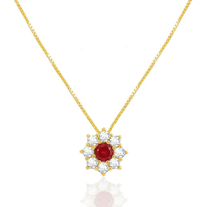 Pingente Flor com Corrente de Ouro Amarelo, com Cristais Brancos e Vermelho