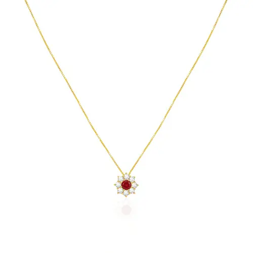 Pingente Flor com Corrente de Ouro Amarelo, com Cristais Brancos e Vermelho