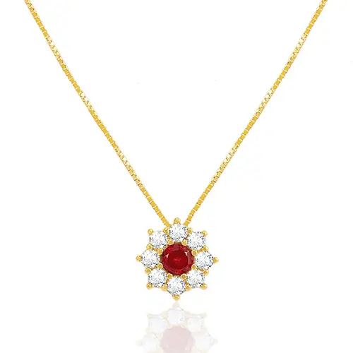 Pingente Flor com Corrente de Ouro Amarelo, com Cristais Brancos e Vermelho