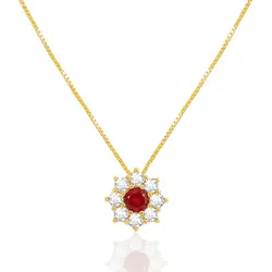 Pingente Flor com Corrente de Ouro Amarelo, com Cristais Brancos e Vermelho