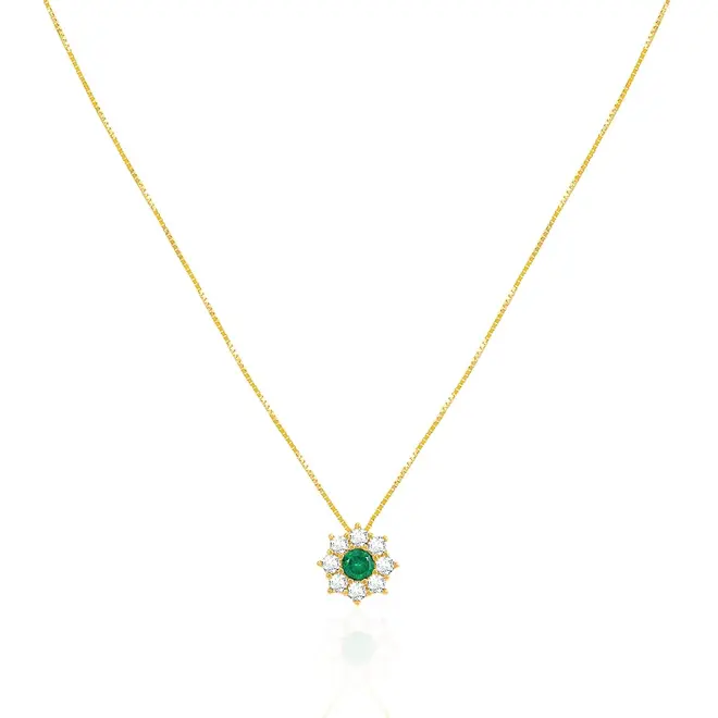 Pingente Flor com Corrente de Ouro Amarelo, com Cristais Brancos e Verde