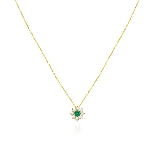 Pingente Flor com Corrente de Ouro Amarelo, com Cristais Brancos e Verde