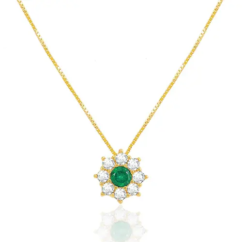 Pingente Flor com Corrente de Ouro Amarelo, com Cristais Brancos e Verde
