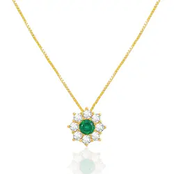 Pingente Flor com Corrente de Ouro Amarelo, com Cristais Brancos e Verde