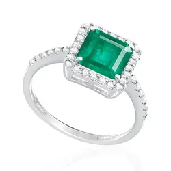 Anel de Ouro Branco com Diamantes e Esmeralda de 1,47 Cts.