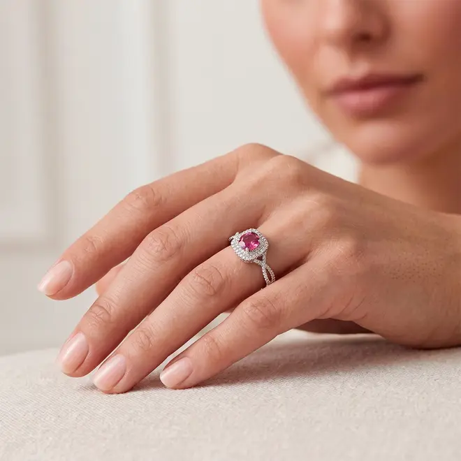 Anel de Ouro Branco com Diamantes totalizando 22 pts. e Turmalina Rosa de 77 pts.