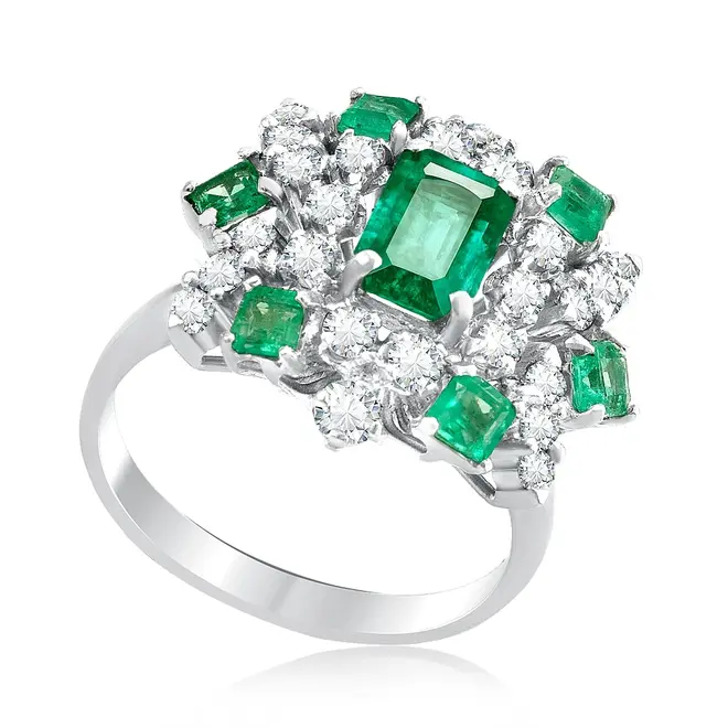 Anel de Ouro Branco com Diamantes e Esmeraldas