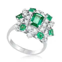 Anel de Ouro Branco com Diamantes e Esmeraldas