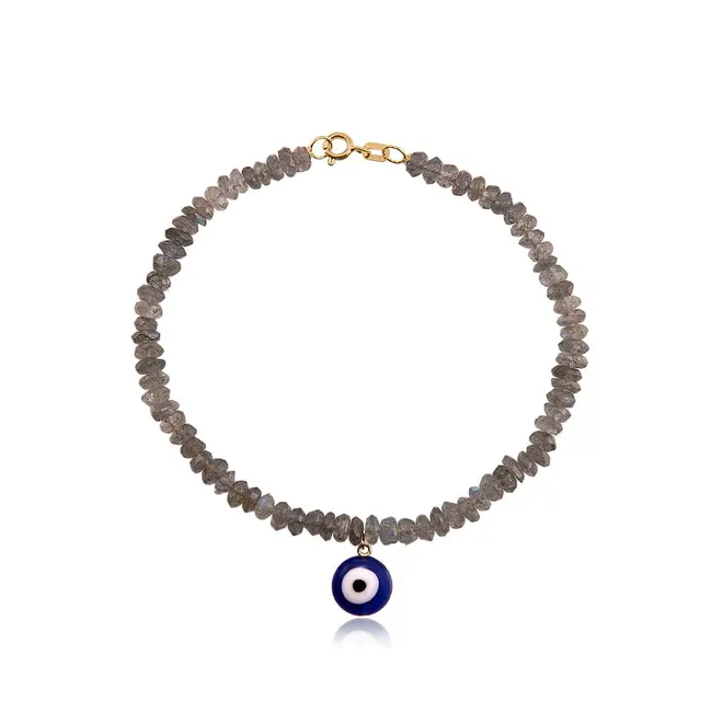 Pulseira com Fecho de Ouro Amarelo, Laboritas e Olho Grego