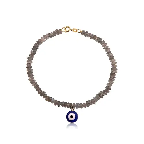 Pulseira com Fecho de Ouro Amarelo, Laboritas e Olho Grego