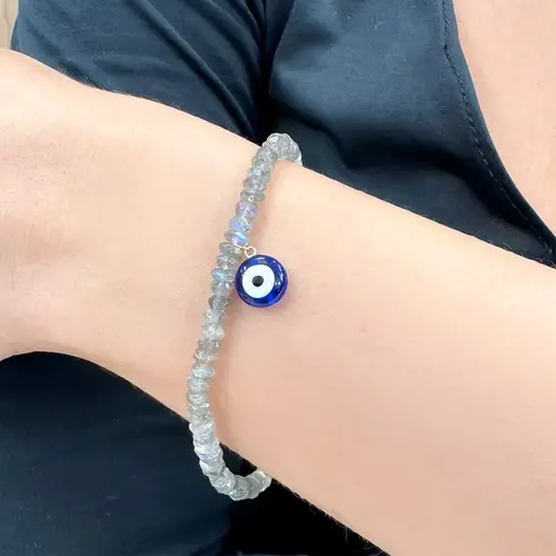 Pulseira com Fecho de Ouro Amarelo, Laboritas e Olho Grego