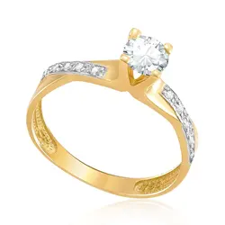 Anel Solitario Trançado de Ouro Amarelo com Diamantes Laterais e Diamante Central de 55 pts.