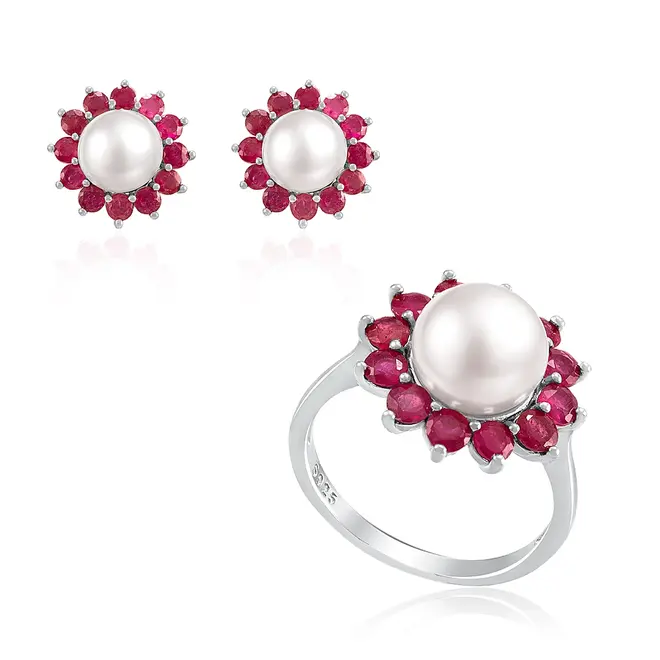 Conjunto Par de Brincos e Anel de Prata com Pérolas e Rubis
