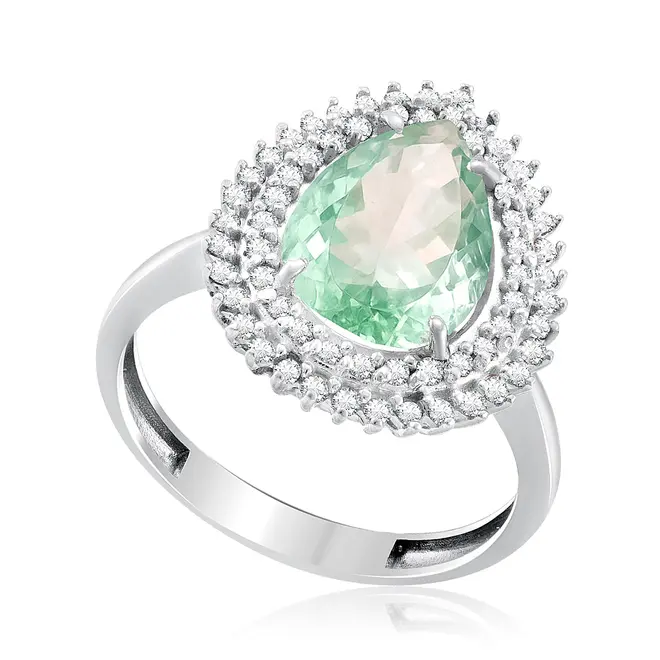 Anel de Ouro Branco com Diamantes e Esmeralda Colombiana de 2,40 Cts.