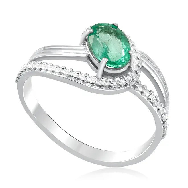 Anel de Ouro Branco com 4 Diamantes e Esmeralda Oval