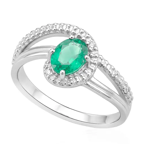 Anel de Ouro Branco com 4 Diamantes e Esmeralda Oval
