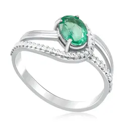 Anel de Ouro Branco com 4 Diamantes e Esmeralda Oval