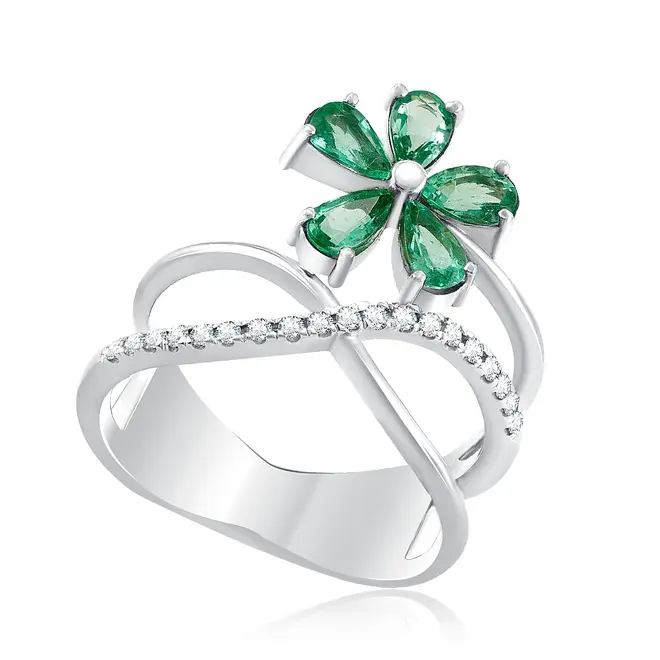 Anel Flor de Ouro Branco com Diamantes e Esmeraldas