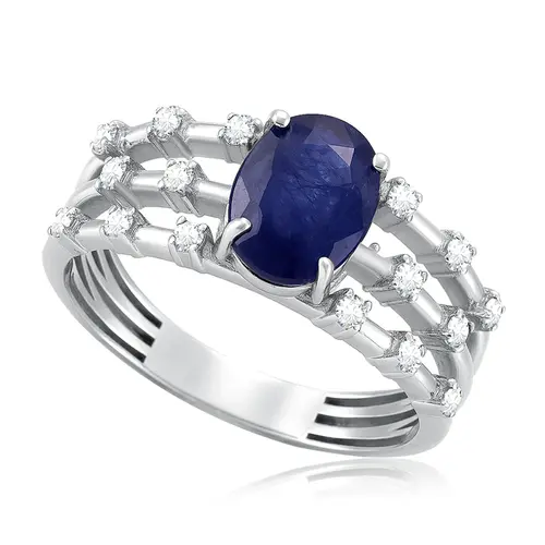 Anel de Ouro Branco com Diamantes e Safira  de 1,5 Cts.