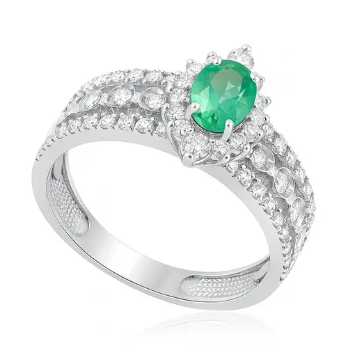 Anel de Ouro Branco com Diamantes e Esmeralda de 36 pts.