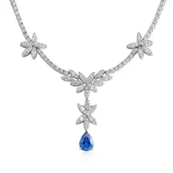 Gargantilha de Ouro Branco com e Diamantes e Safira 1,09 Ct.