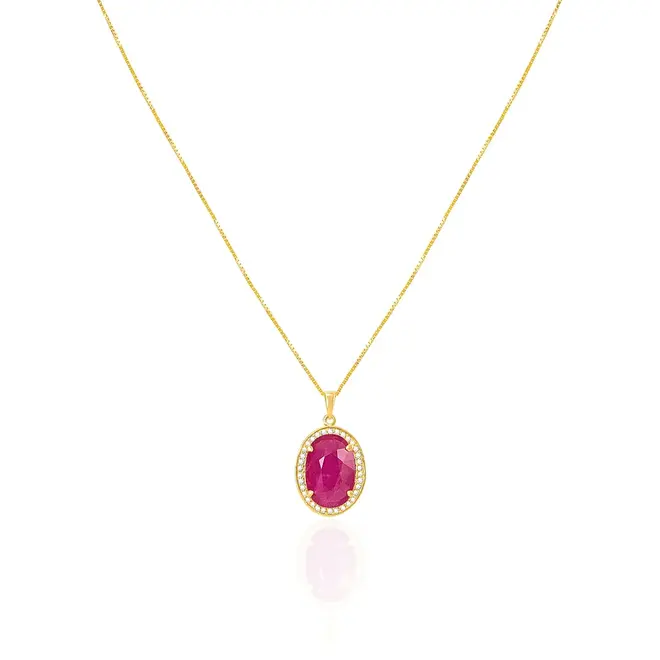 Pingente de Ouro amarelo com Corrente Veneziana, Diamantes e Rubi Oval