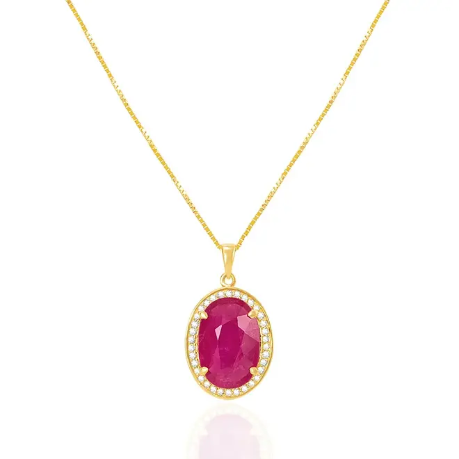 Pingente de Ouro amarelo com Corrente Veneziana, Diamantes e Rubi Oval