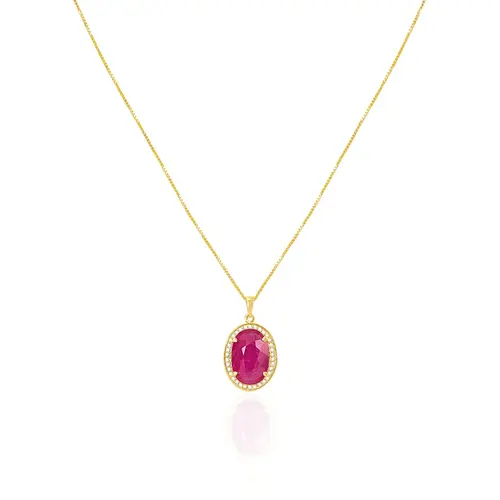 Pingente de Ouro amarelo com Corrente Veneziana, Diamantes e Rubi Oval
