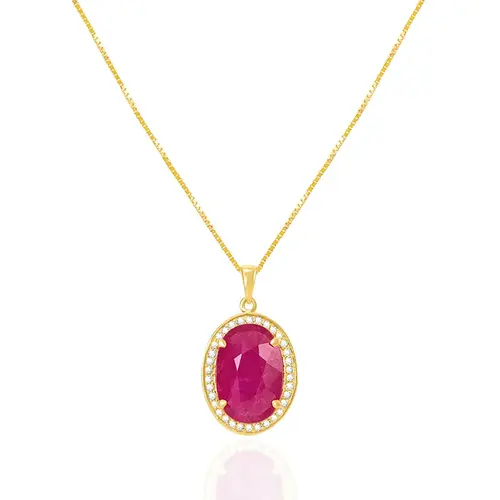 Pingente de Ouro amarelo com Corrente Veneziana, Diamantes e Rubi Oval
