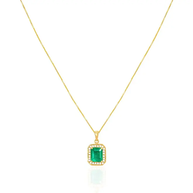 Pingente de Ouro amarelo com Corrente Veneziana, Diamantes e Esmeralda Colombiana