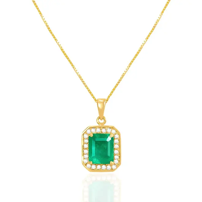Pingente de Ouro amarelo com Corrente Veneziana, Diamantes e Esmeralda Colombiana