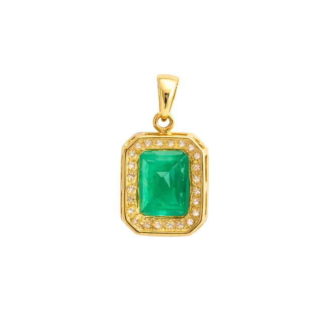 Pingente de Ouro amarelo com Corrente Veneziana, Diamantes e Esmeralda Colombiana