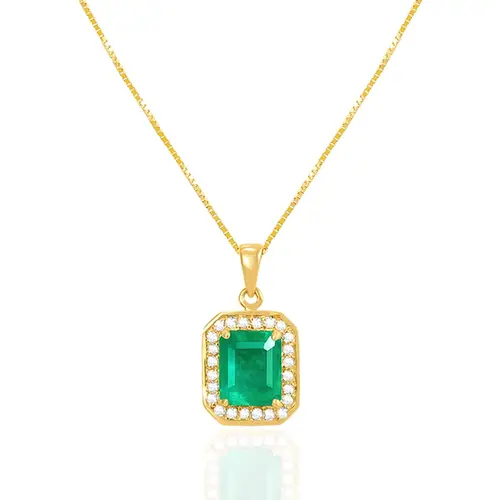Pingente de Ouro amarelo com Corrente Veneziana, Diamantes e Esmeralda Colombiana