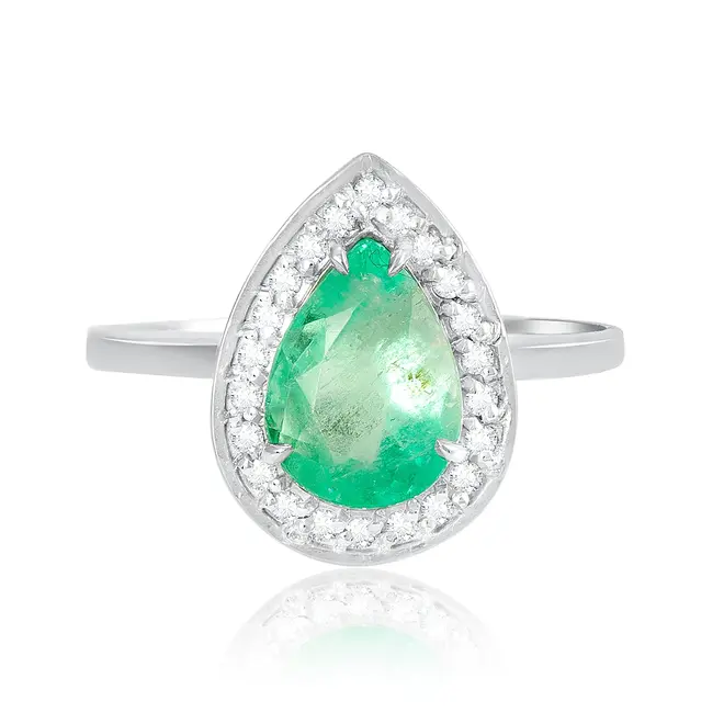 Anel de Ouro Branco com Diamantes e Esmeralda Colombiana de 1,77 Cts.