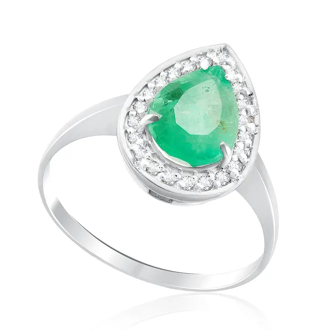 Anel de Ouro Branco com Diamantes e Esmeralda Colombiana de 1,77 Cts.
