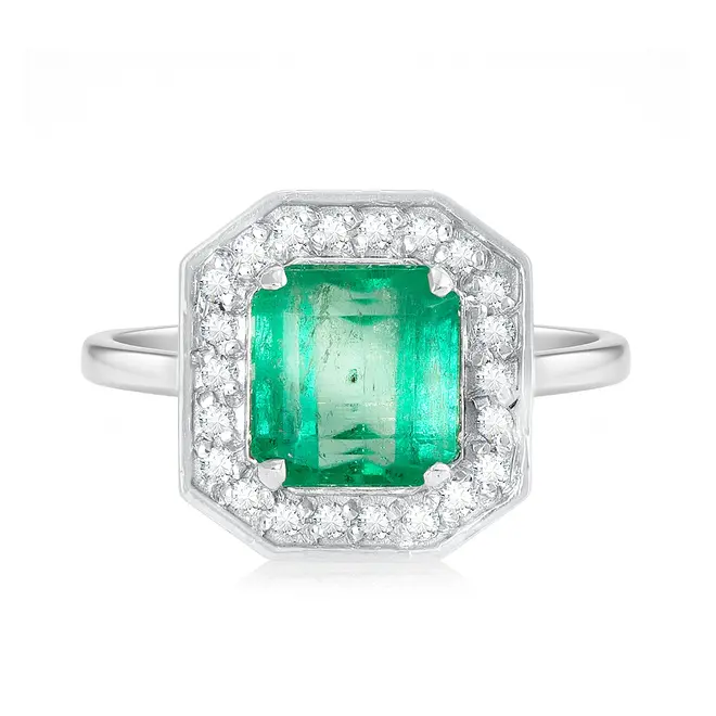 Anel de Ouro Branco com Diamantes e Esmeralda Colombiana de 1,84 Cts.