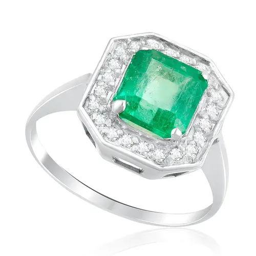 Anel de Ouro Branco com Diamantes e Esmeralda Colombiana de 1,84 Cts.