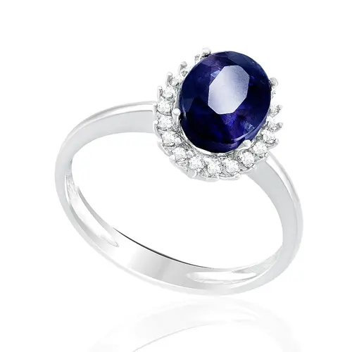 Anel de Ouro Branco com Diamantes e Safira de 2,20 cts.