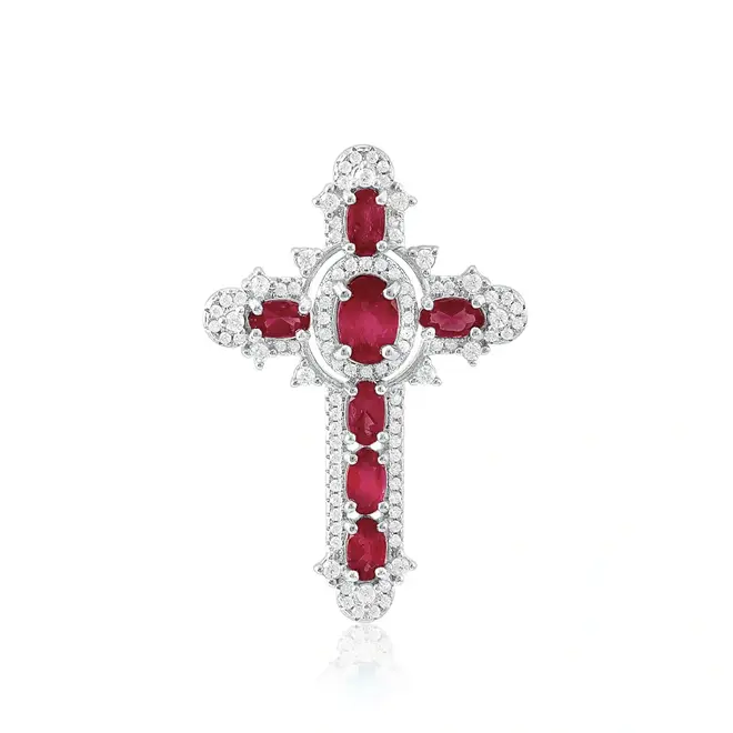 Pingente Cruz de Prata com Cristais e Rubis Ovais