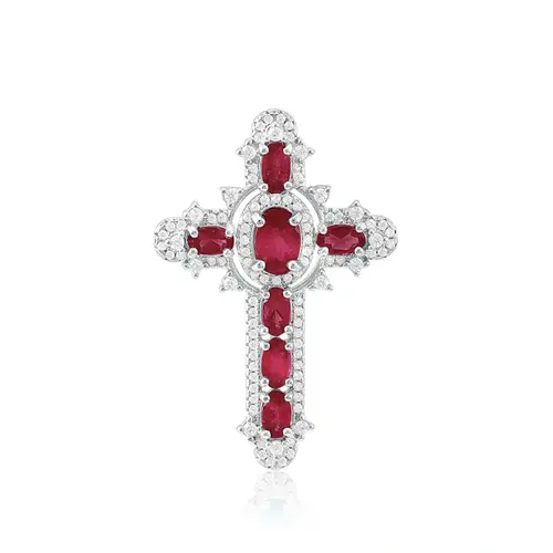 Pingente Cruz de Prata com Cristais e Rubis Ovais