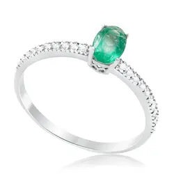 Anel Solitário de Ouro Branco com Diamantes e Esmeralda de 50 pts.