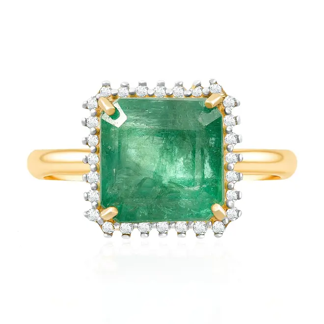 Anel de Prata com Acabamento em Ouro Amarelo, com Diamantes e Esmeralda