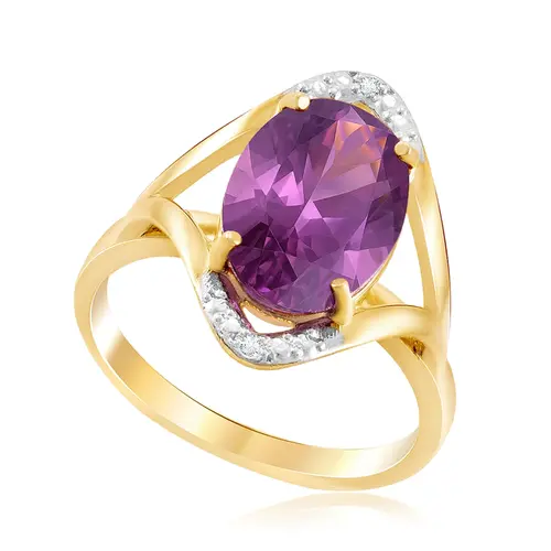 ANEL DE PRATA COM DIAMANTES E CRISTAL AMETISTA E ACABAMENTO EM OURO AMARELO