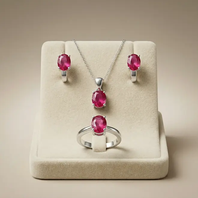 Conjunto Par de Brincos, Pingente e Anel de Prata com Cristais e Rubis