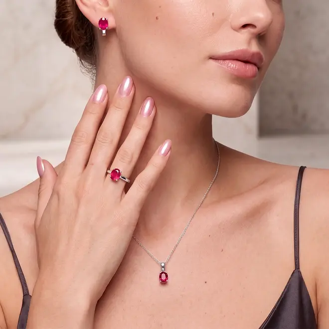 Conjunto Par de Brincos, Pingente e Anel de Prata com Cristais e Rubis