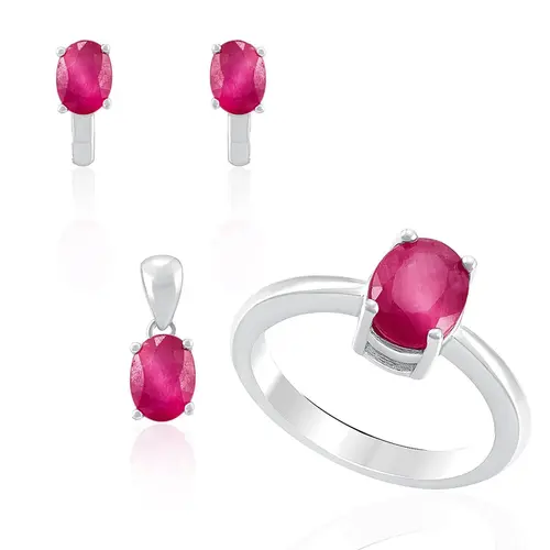 Conjunto Par de Brincos, Pingente e Anel de Prata com Cristais e Rubis