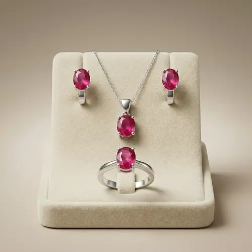 Conjunto Par de Brincos, Pingente e Anel de Prata com Cristais e Rubis
