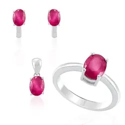 Conjunto Par de Brincos, Pingente e Anel de Prata com Cristais e Rubis