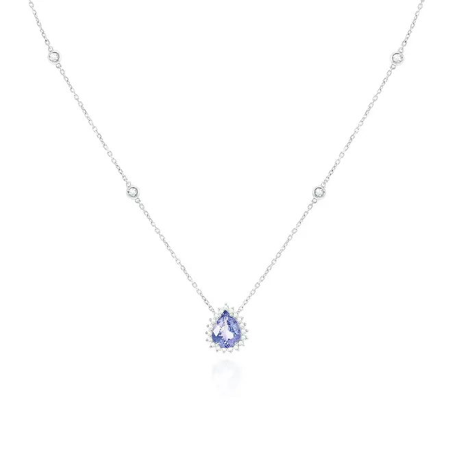 Pingente em Ouro Branco com Corrente, Diamantes e Tanzanita de 1,26 Cts.