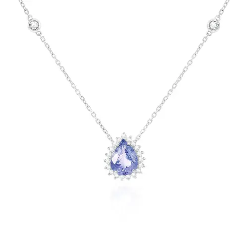 Pingente em Ouro Branco com Corrente, Diamantes e Tanzanita de 1,26 Cts.